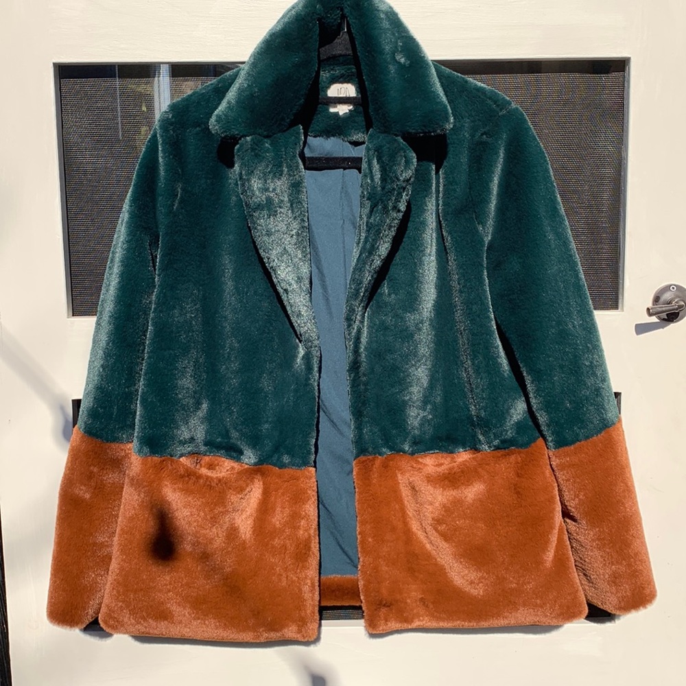 Green and Brown Anthropology Faux Fur Coat